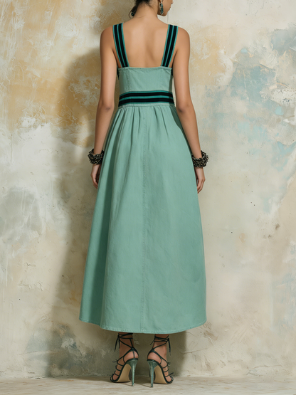 Mint Green Denim Square Neck Midi Dress with Contrast Stripes and Pockets