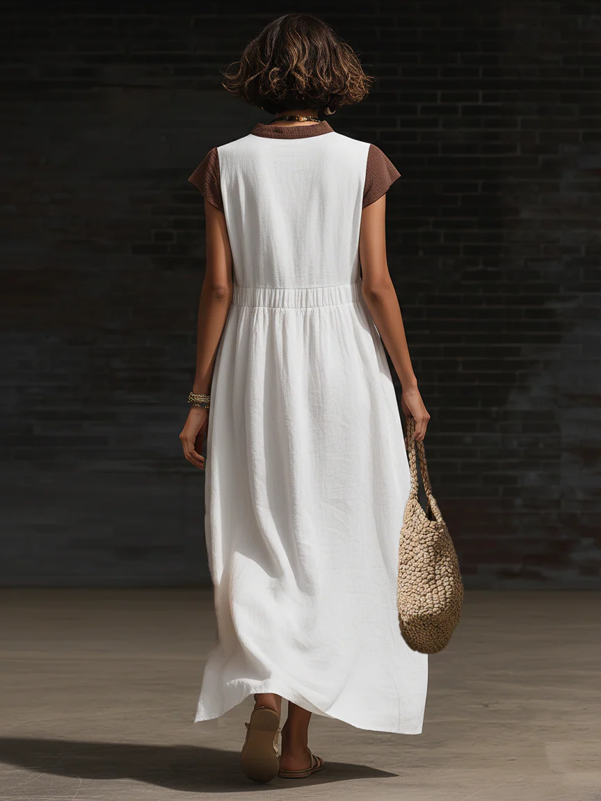 Casual V-Neck Color-Blocked Dress with Large Patch Pockets