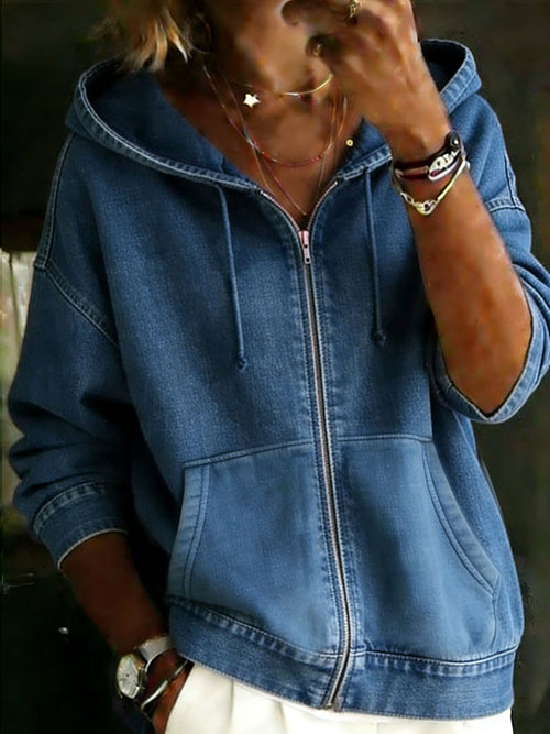 Casual Long-Sleeve Poket Denim Zipper Hoodie Coat