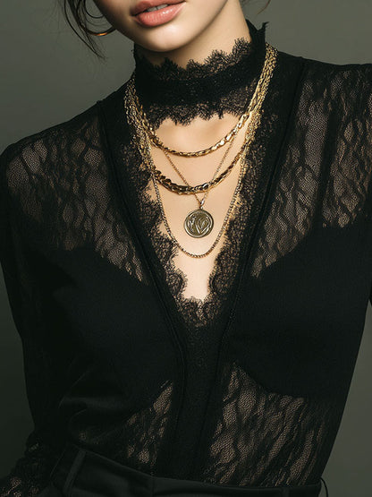 Sheer Black Lace Deep V Blouse with Vintage Gothic Long-Sleeve Shirt with Scalloped Trim