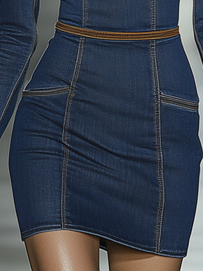 Retro Elegant Artistic Blue Denim Mini Dress