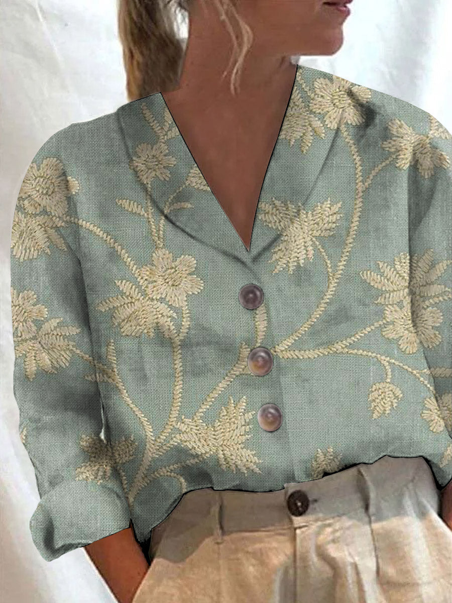Retro Floral Art Print Casual Cotton Casual Blouse