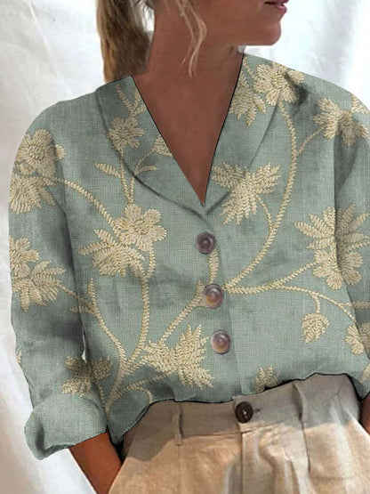 Retro Floral Art Print Casual Cotton Casual Blouse