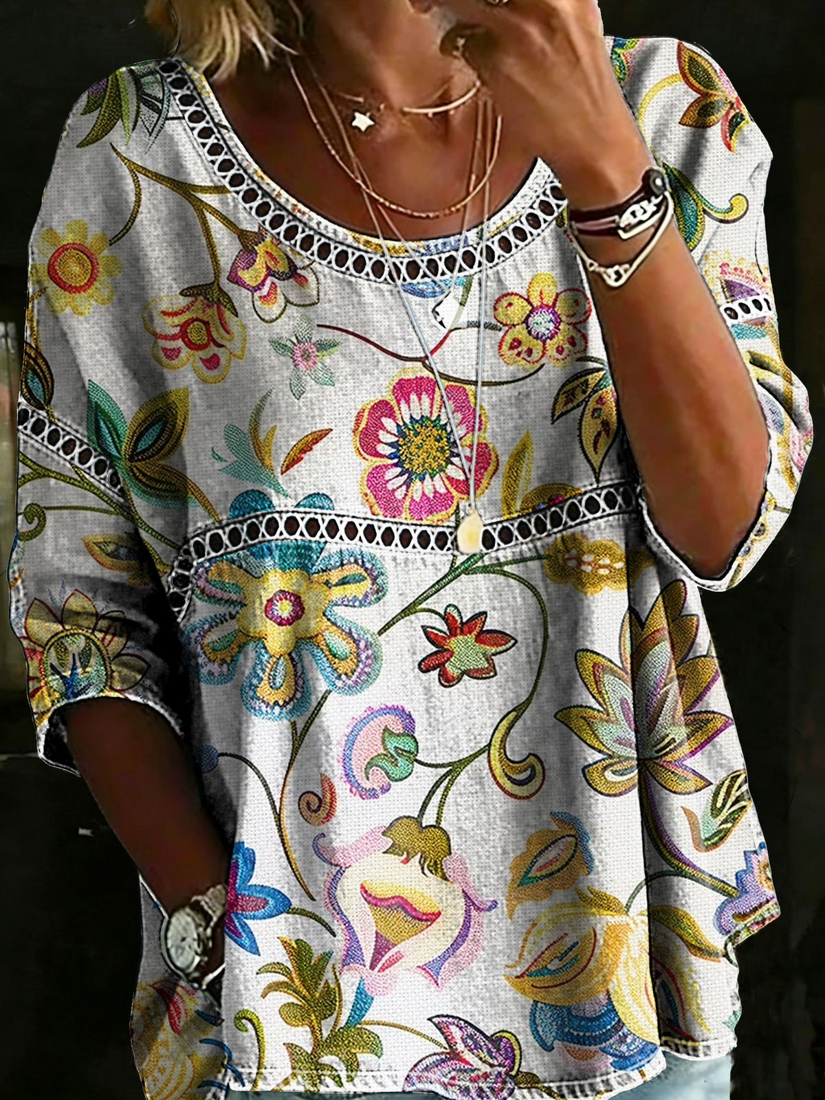 Vintage Floral Casual Loose Denim Blouse Shirt