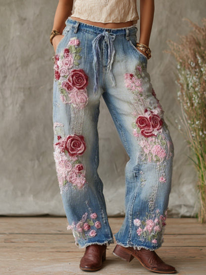 Love and Health Collection Retro Western Women Style Vintage Rose and Floral Patchwork Art Linen Pants