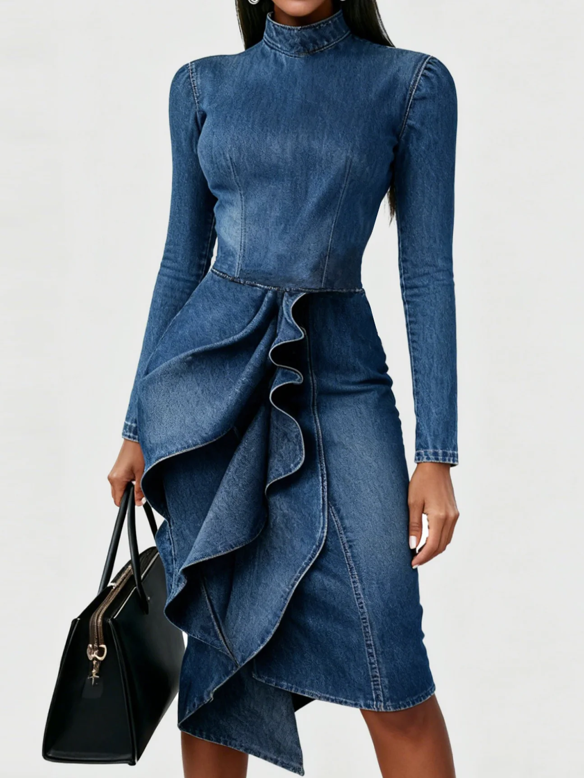 Elegant Multi-Layered Ruffle Hem Denim Dress