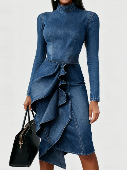 Elegant Multi-Layered Ruffle Hem Denim Dress