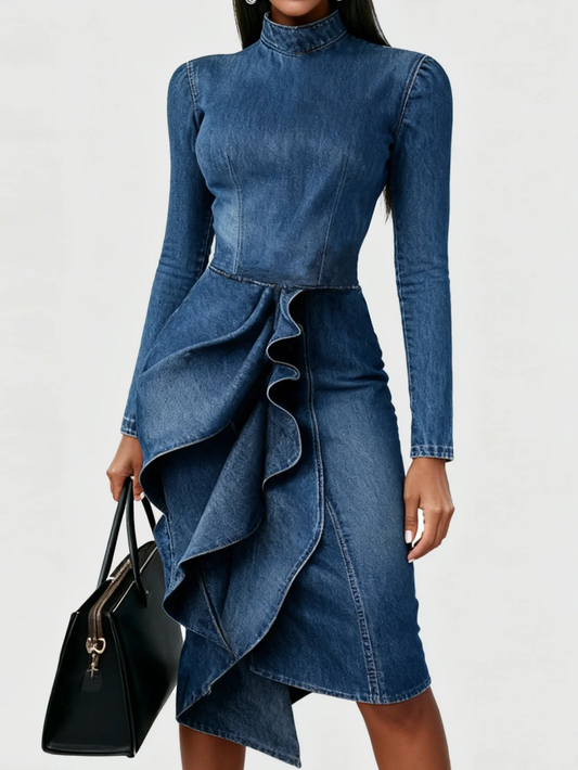 Elegant Multi-Layered Ruffle Hem Denim Dress