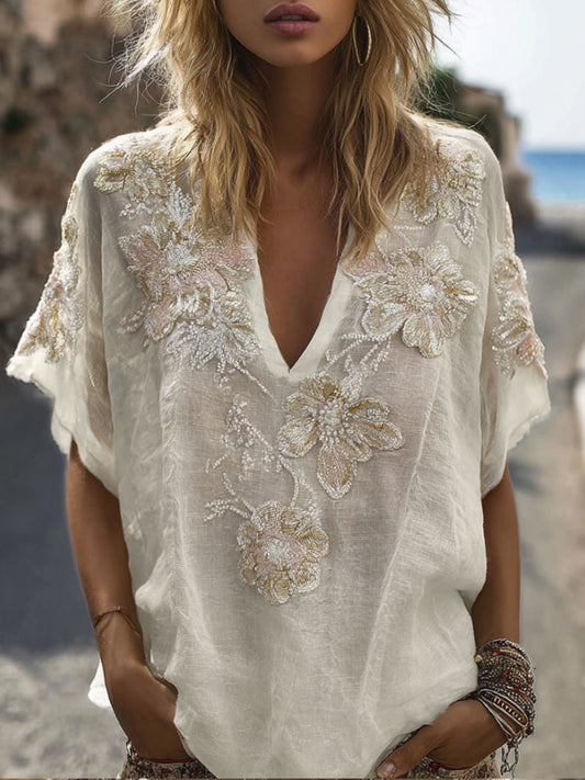 Bohemian Floral Sequin Vintage White Thin Vintage Chain-Embroidered V-Neck Short-Sleeved Shirt