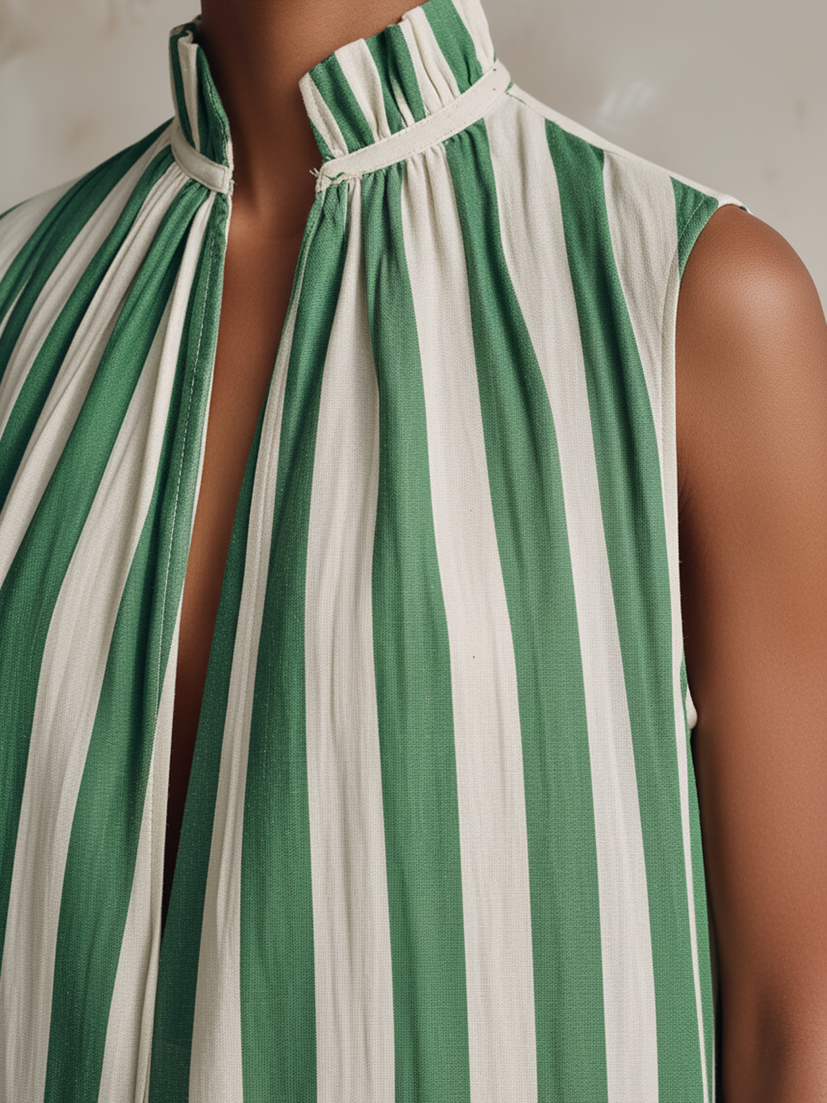 Green and White Striped Sleeveless Maxi Dress with Ruffle Neck