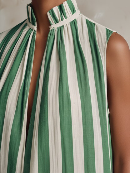 Green and White Striped Sleeveless Maxi Dress with Ruffle Neck