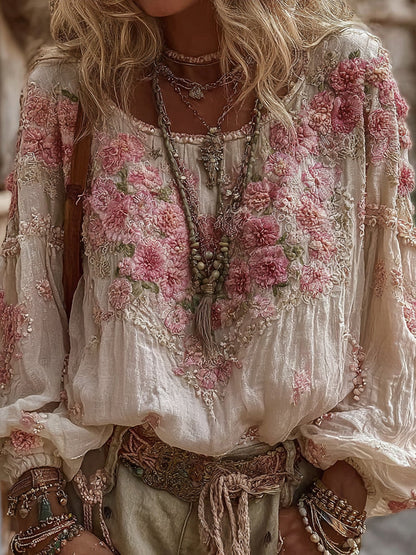 Vintage Floral Embroidery Casual Crew Neck Shirt