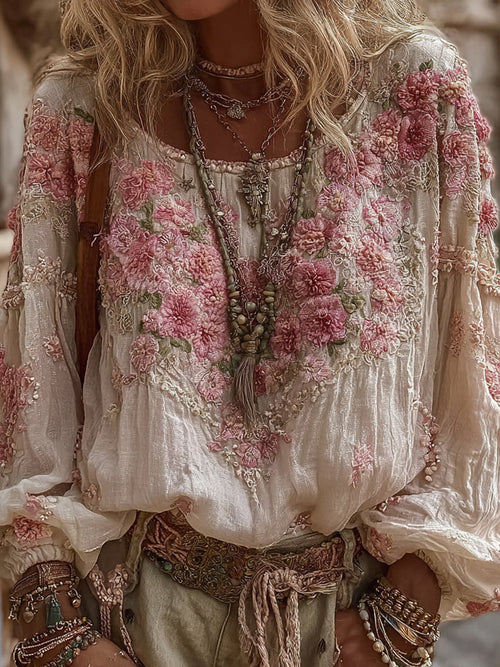 Vintage Floral Embroidery Casual Crew Neck Shirt