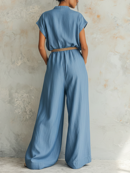 Light Blue Denim Short-Sleeve Wide-Leg Jumpsuit