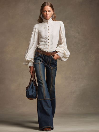 Retro Brown Double-Stitched Navy Jeans