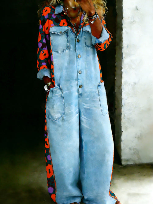 Color-Blocking Combination One Piece Shirt Denim Jumpsuit