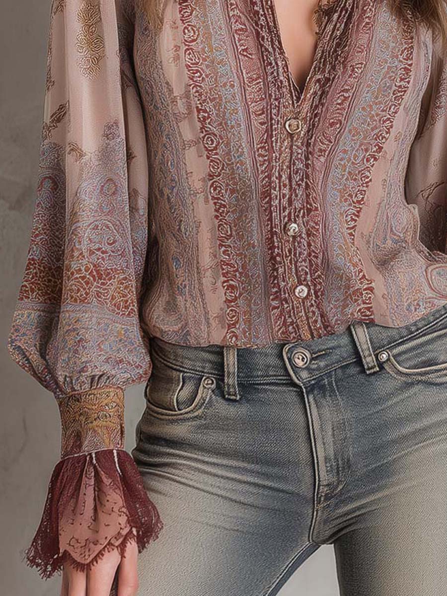 Boho Paisley Sheer Blouse with Lace Cuffs