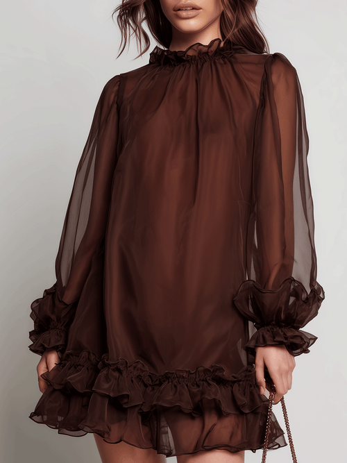 Elegant Chocolate Sheer Ruffle Mini Dress