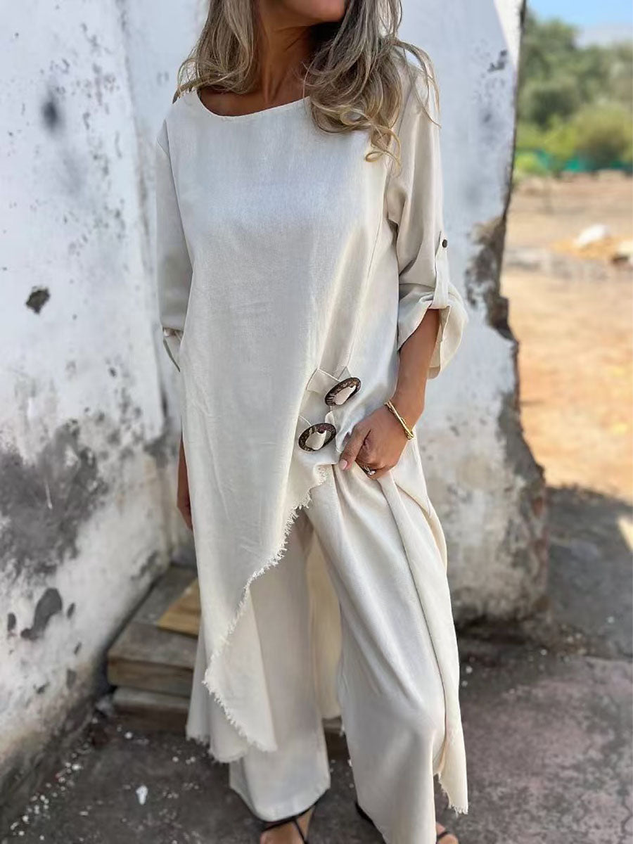 Solid Color Casual Elegant Stylish Top and Pants Suit