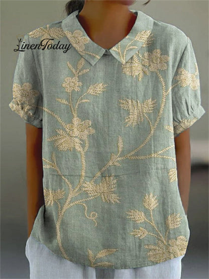Retro Floral Art Print Casual Cotton and Linen Shirt