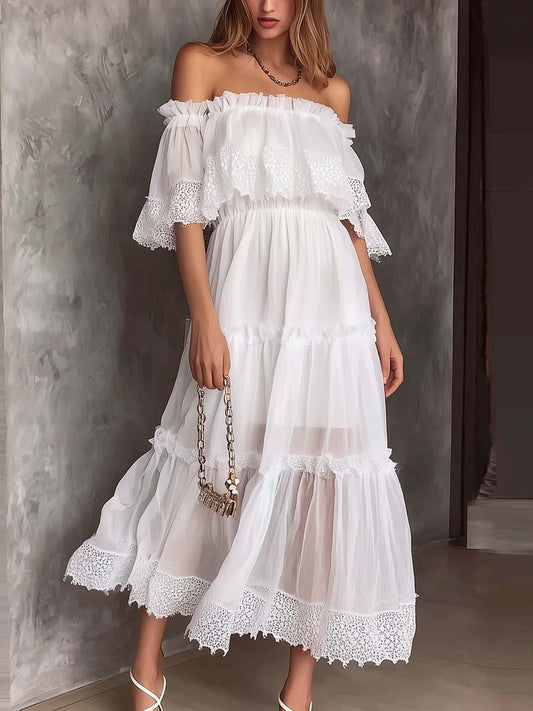 Bohemian Off-the-Shoulder Lace-Trimmed White Midi Dress