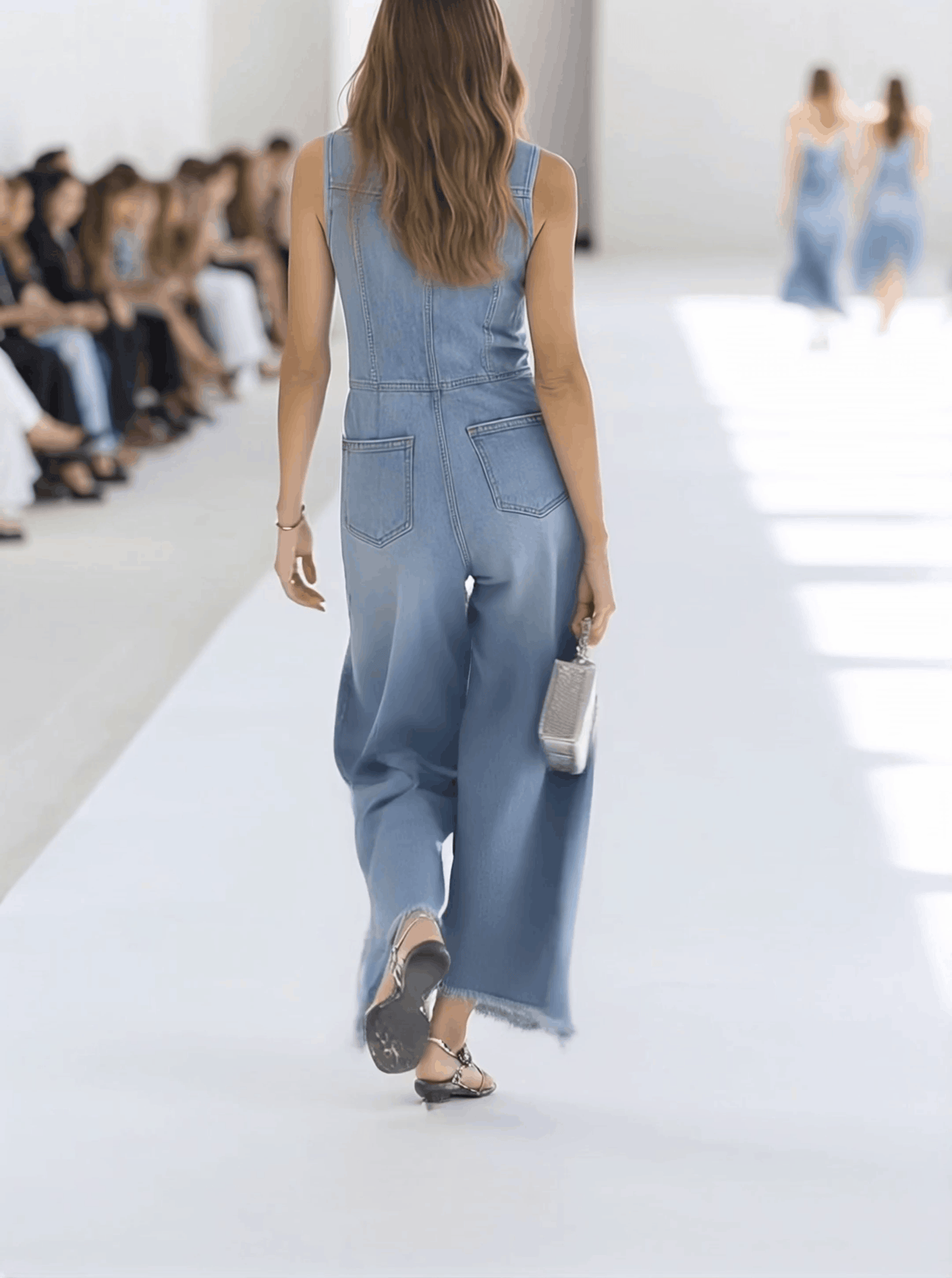 Western Retro Light Blue Denim Sleeveless Raw Edge Wide-Leg Zipper Jumpsuit