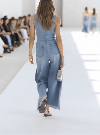 Western Retro Light Blue Denim Sleeveless Raw Edge Wide-Leg Zipper Jumpsuit