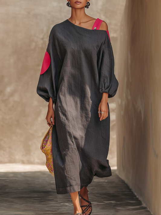 Casual Off-the-Shoulder Colorblock Loose Cotton Dress