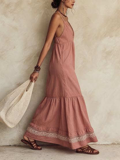 Bohemian Lace Trim Linen-Blend Maxi Dress with Adjustable Double Spaghetti Straps