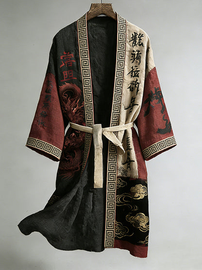 Japanese Calligraphy and Dragon Art Combined in a Linen Blend Kimono