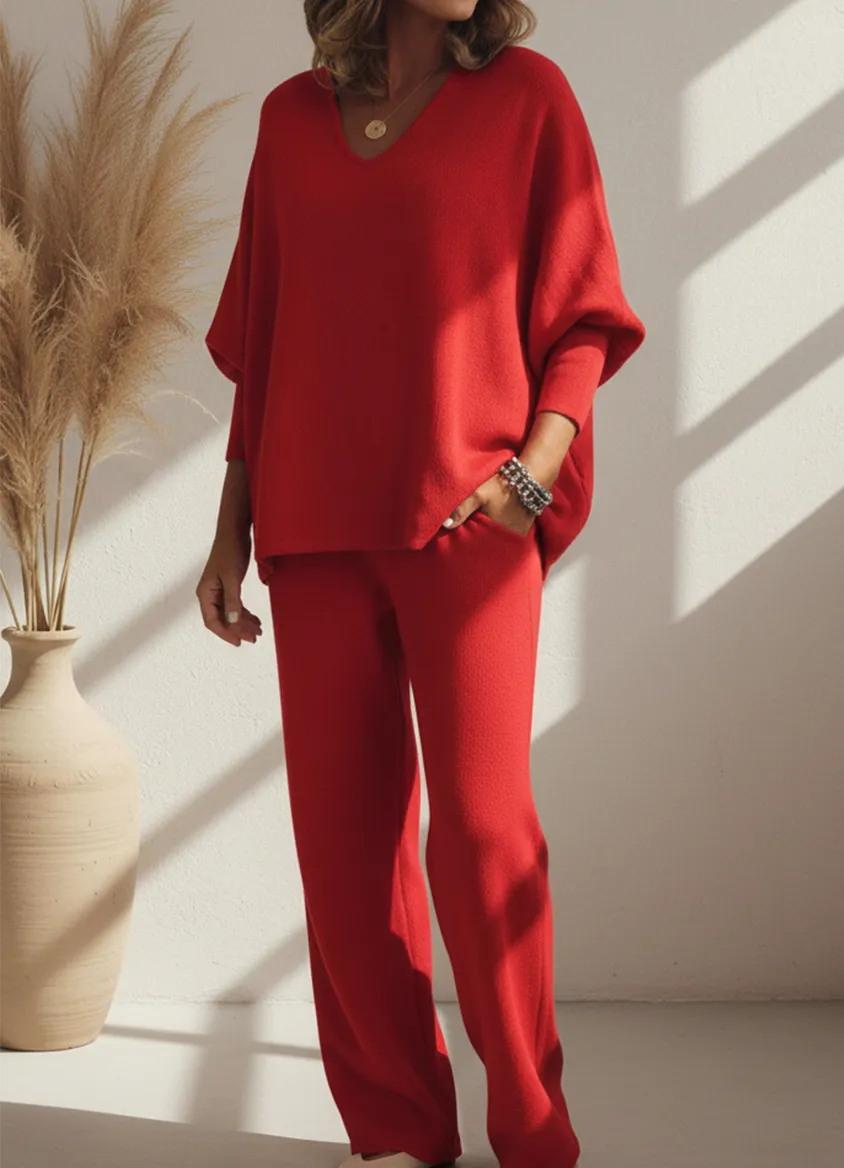 Cozy Solid Color V-Neck Knit Top and Pants Two-Piece Set