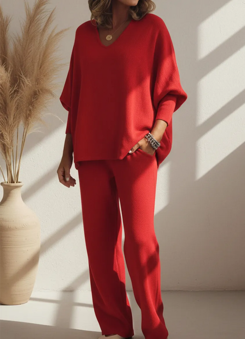 Cozy Solid Color V-Neck Knit Top and Pants Two-Piece Set