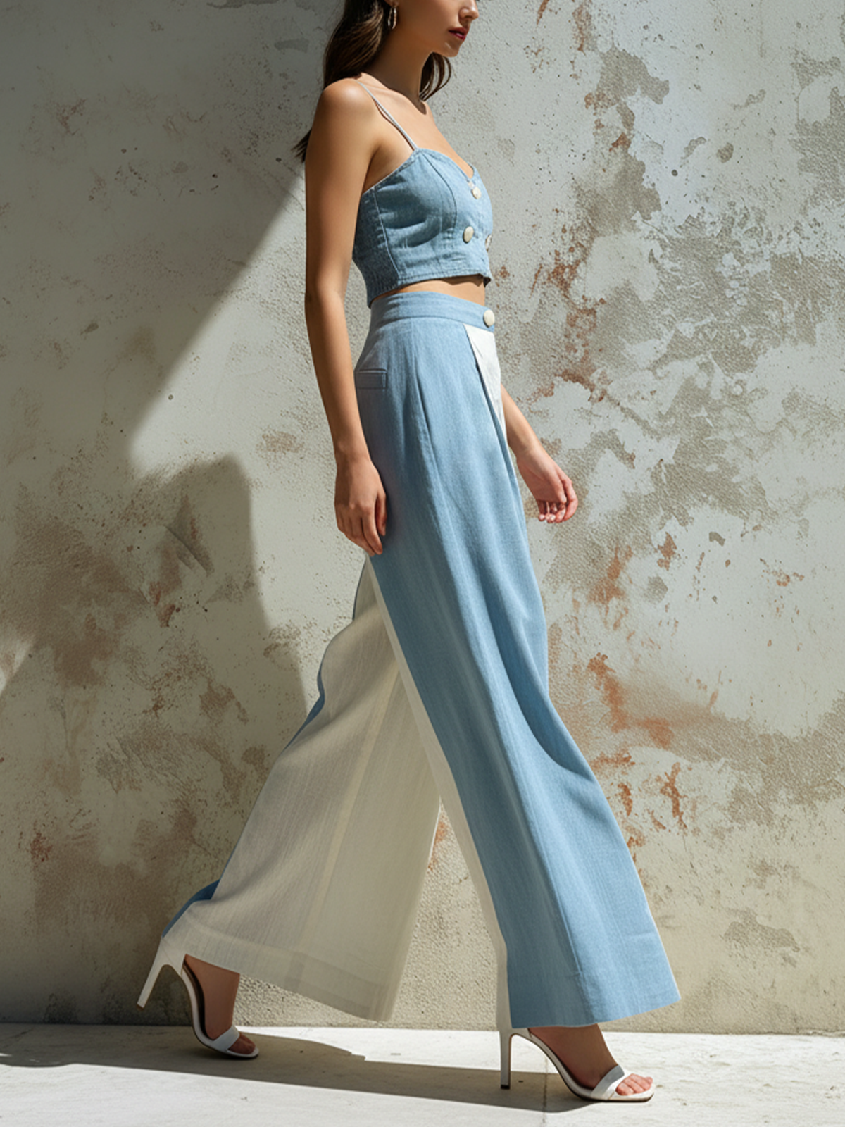 Blue and White Colorblock Linen Wide-Leg Pants