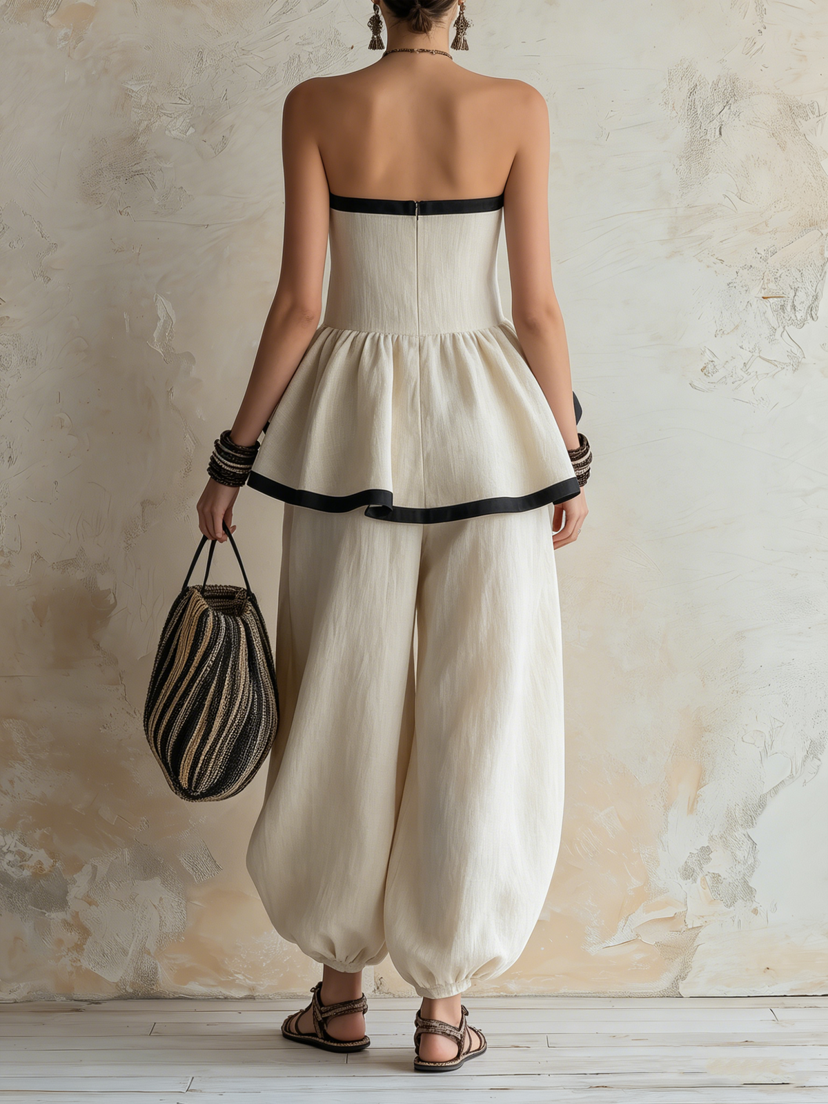 Strapless Ruffle Peplum Top and Harem Pants Set | Linen Boho Two-Piece Outfit