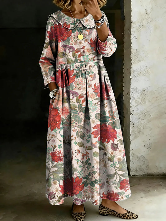 Retro Multicolor Floral Splicing Long-Sleeved Loose-Fitting Casual Denim Dress