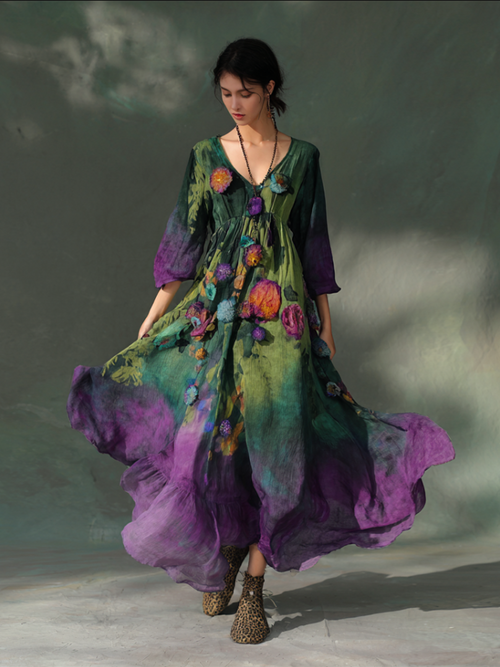 Bohemian Style Three-Dimensional Floral Pattern Green and Purple Gradient Long Dress