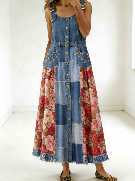 Retro Floral Patchwork Denim Maxi Skirt
