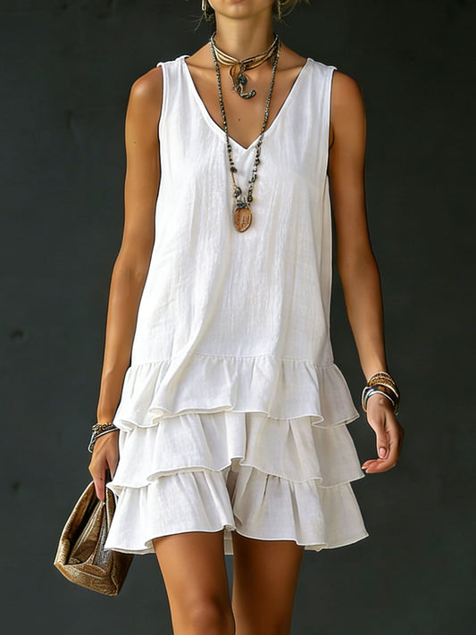 Cotton and Linen Loose-Fitting Solid Color Vest Dress