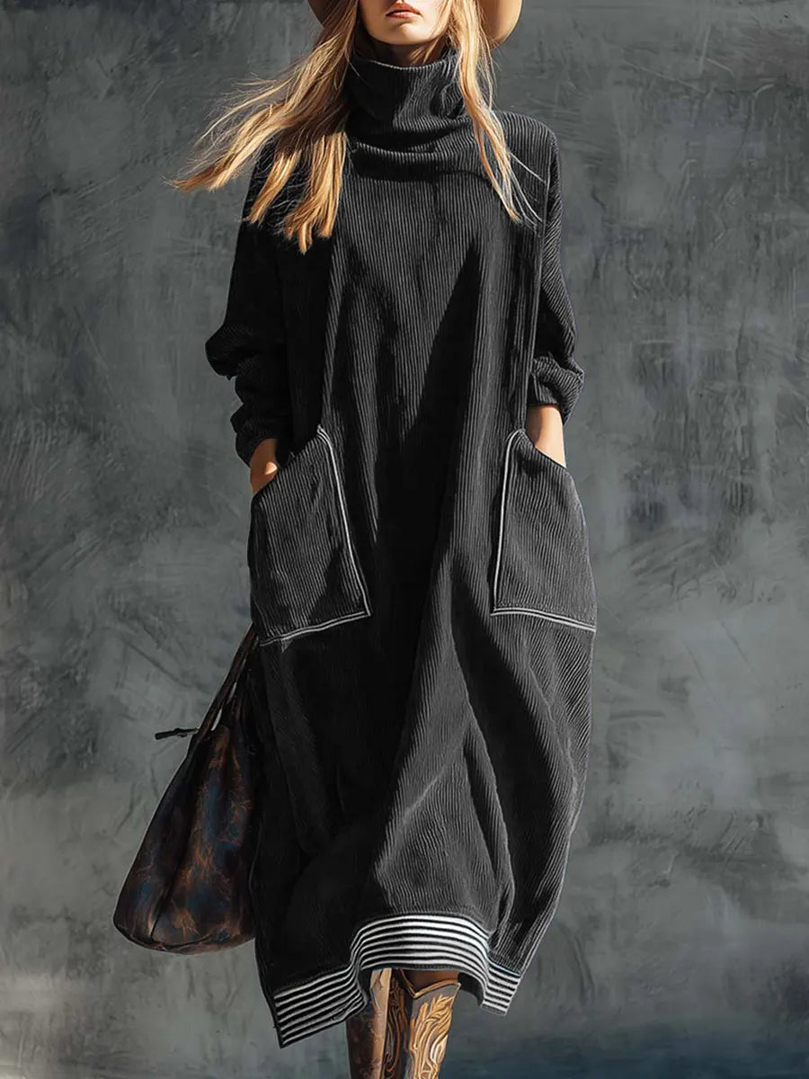 Solid Color High Neck Long-Sleeve Casual Loose Pocket Dress