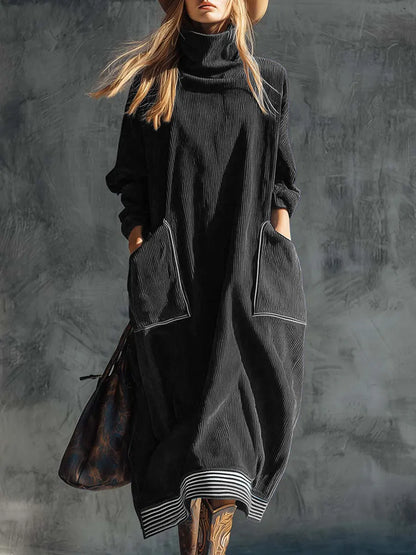 Solid Color High Neck Long-Sleeve Casual Loose Pocket Dress