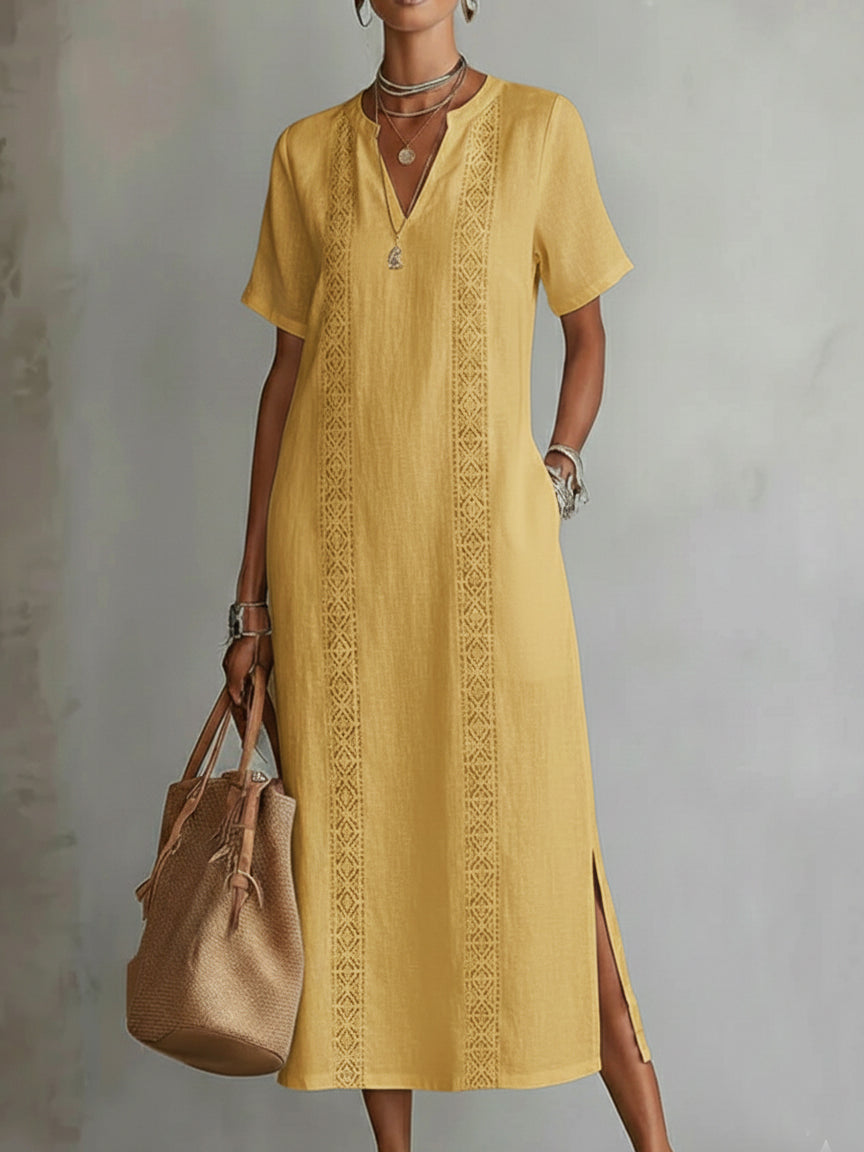 Retro Cozy Lace V-Neck Loose Linen Cotton Dress