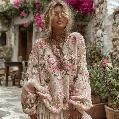 Boho Floral Chunky Knit Crew Neck Sweater