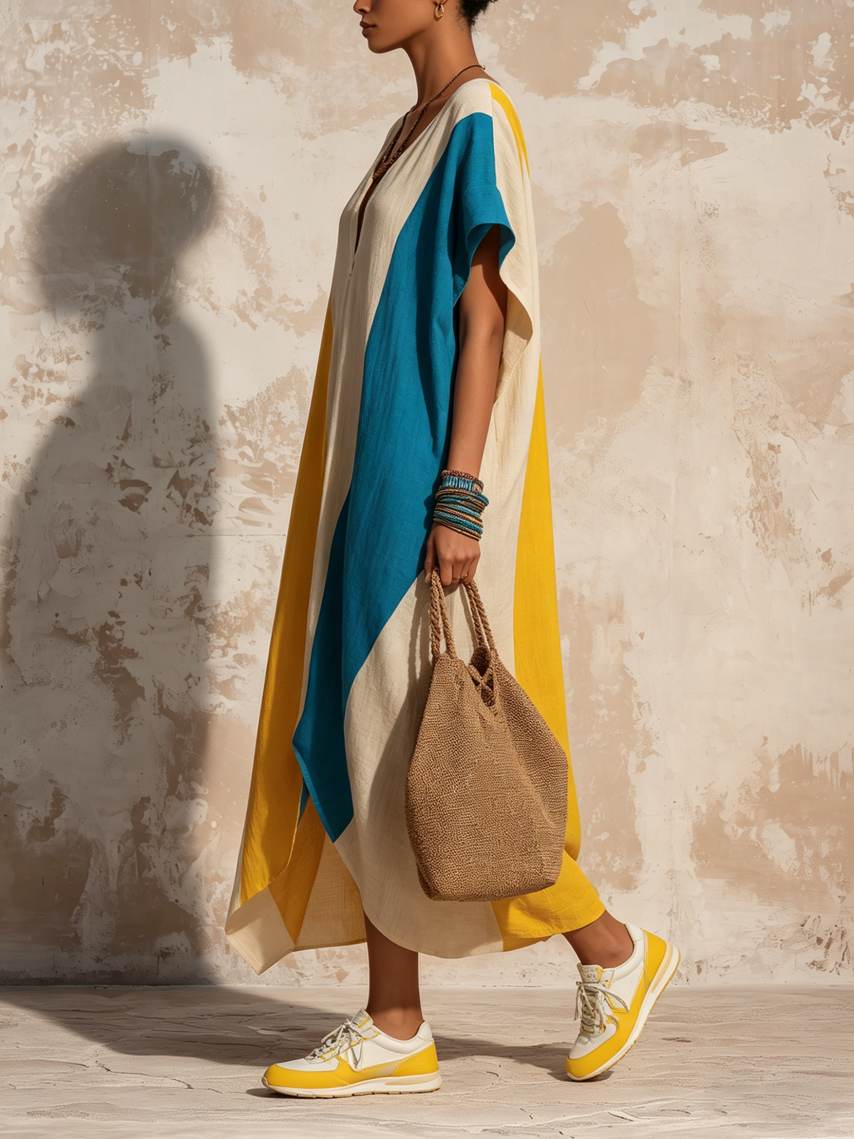 Colorblock Caftan Maxi Dress with Split Hem and Side Pockets