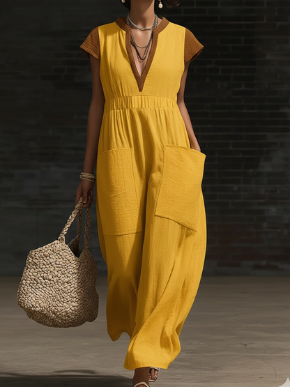 Casual V-Neck Color-Blocked Dress with Large Patch Pockets