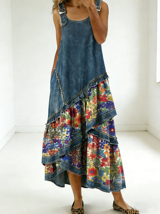Fashion Floral Denim Design Sleeveless Multi-Layered Ruffled Strap Dress
