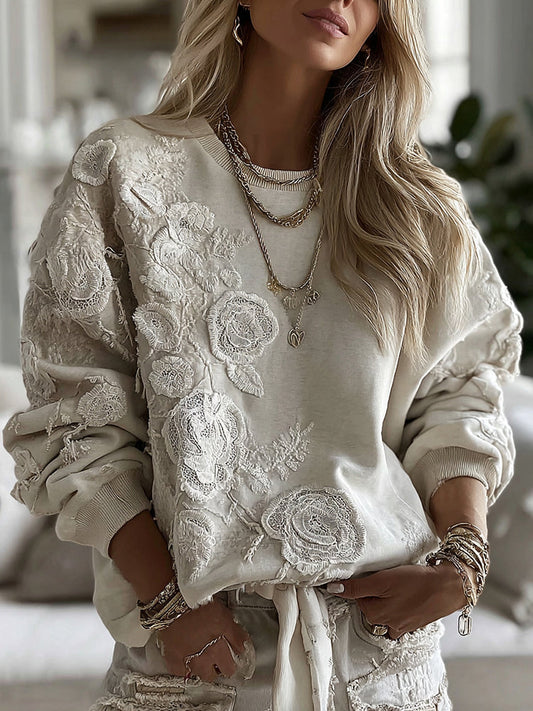 Retro Floral Lace Patchwork Art Cozy Crew Neck Sweatshirt