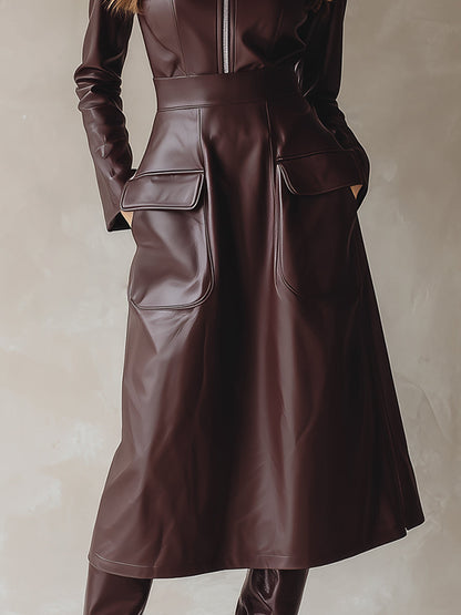 Retro Eco-Friendly Leather Half-Open Zipper Flap Pocket Midi Dress