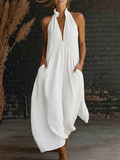 Elegant Resort-Style Stand-Collar Cotton Dress