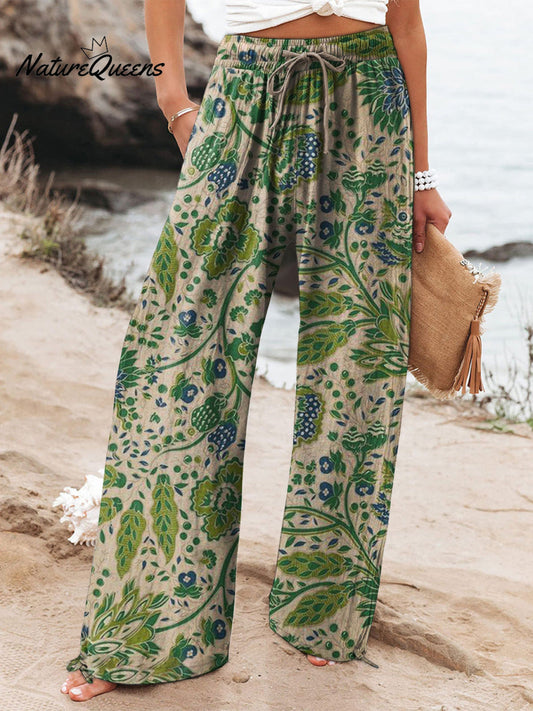 Floral Art Printed Cotton and Linen Casual Pants