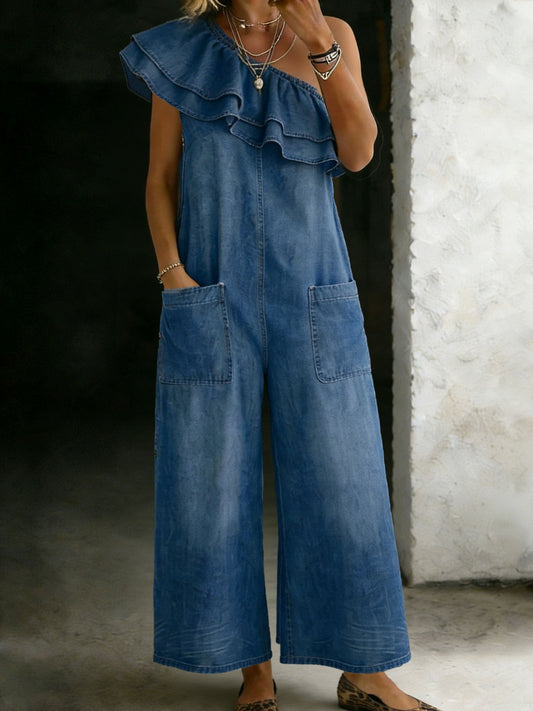 Chic One-Shoulder Cotton One Piece Denim Jumpsuit